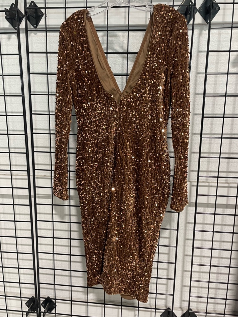 Sequined V-Neck Long Sleeve Cocktail Dress in Bronze - Picture 7 of 8